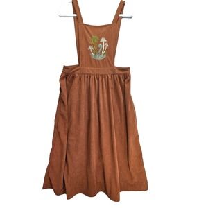 Romwe Corduroy Overall Jumper Maxi Dress Womens L Embroidered Mushrooms Brown